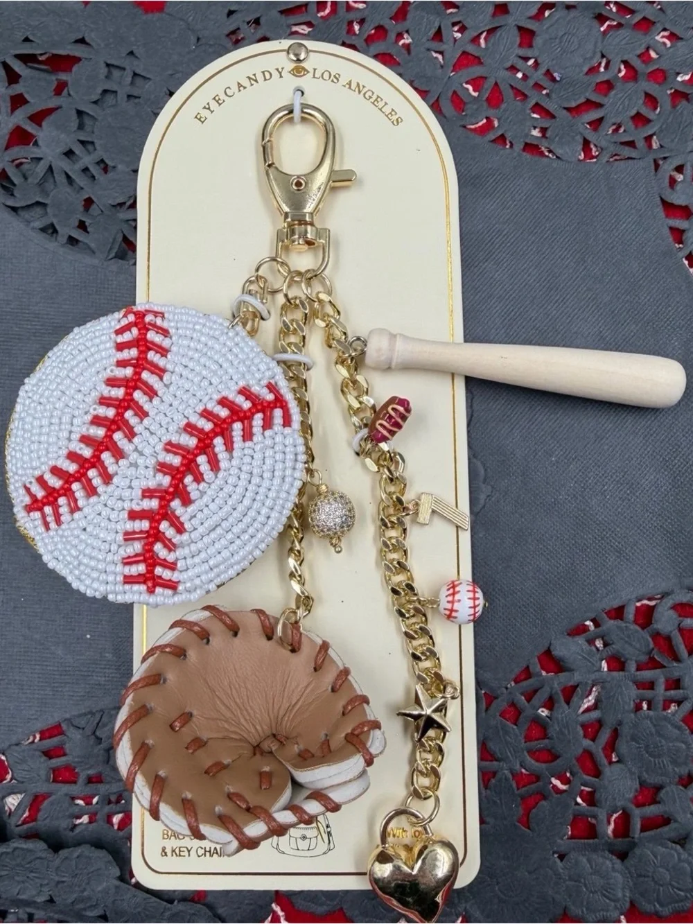 Eyecandy Baseball Charm Keychain | Beaded + Glove Details